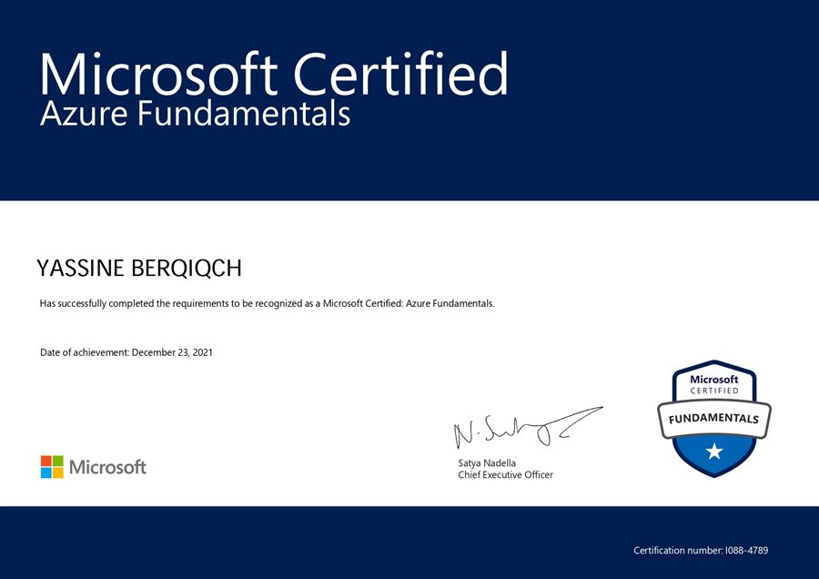 Microsoft Certified Azure Fundamentals certificate awarded to Yassine Berqiqch