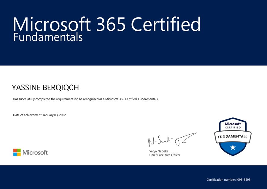 Microsoft 365 Certified Fundamentals certificate awarded to Yassine Berqiqch